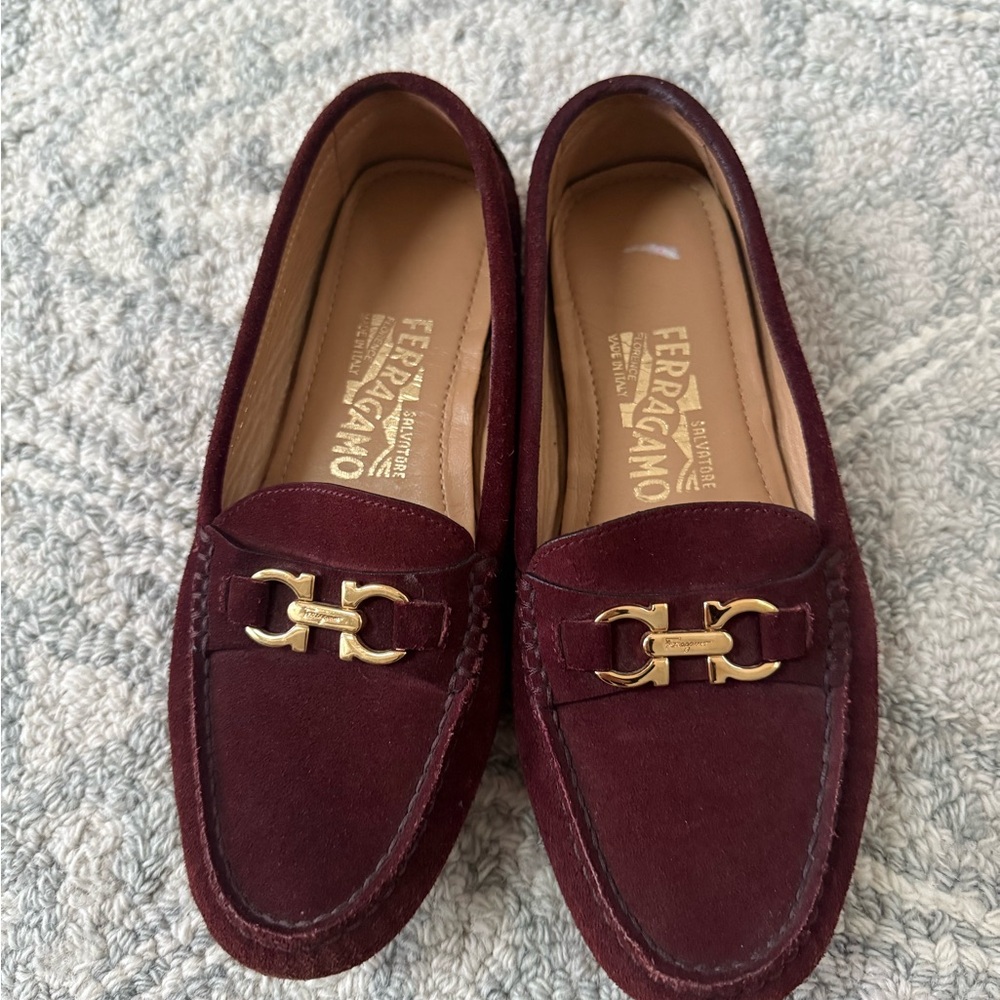 Ferragamo Burgundy Suede Loafers with Gold Buckle ( worn 5 times ) like new